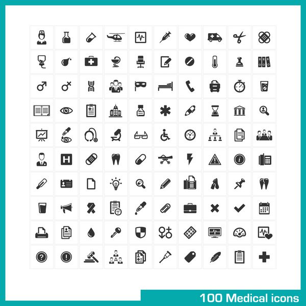 100 آیکون پزشکی وکتور پیکتوگرام های سیاه برای وب اینترنت کامپیوتر برنامه های موبایل طراحی رابط پزشکی شخصی پرستار پزشک قرص دماسنج سلامت داروخانه بیمارستان نماد آمبولانس