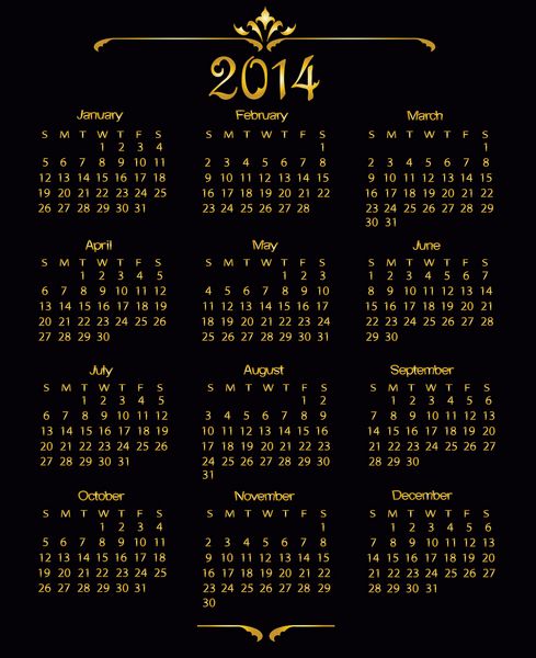 تقویم قدیمی 2014 هفته از یکشنبه شروع می شود