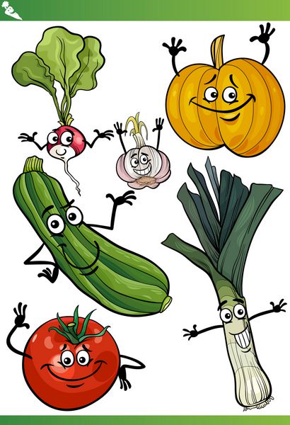 وکتور کارتونی مجموعه کاراکترهای غذای طنز سبزیجات