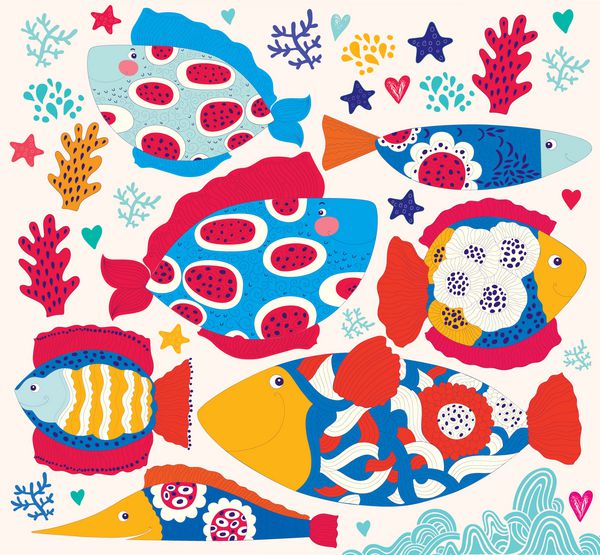 وکتور ماهی های خنده دار کارتونی زندگی زیر آب کارت تعطیلات