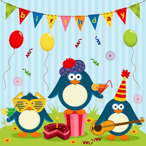 سه پنگوئن ناز تولد را جشن می گیرند - وکتور