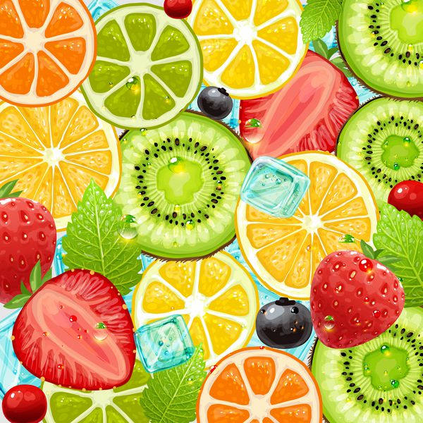 مجموعه وکتور تعطیلات تابستانی با میوه های کوکتل و انواع توت ها توت فرنگی گیلاس پرتقال لیمو و مکعب یخ برای بهترین طراحی تابستانی