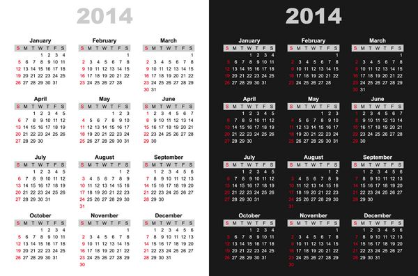جدول تقویم 2014 حروف سیاه در پس زمینه سفید و حروف سفید در پس زمینه سیاه شروع از یکشنبه وکتور