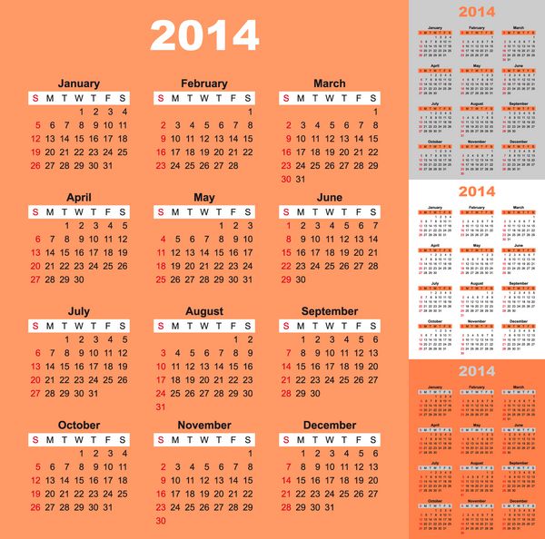 شبکه تقویم برای سال 2014 از حروف سیاه در پس زمینه نارنجی رنگ پس زمینه را می توان به راحتی ویرایش کرد از یکشنبه شروع شود وکتور