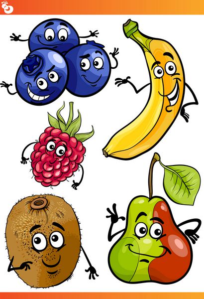 وکتور کارتونی مجموعه شخصیت های غذای طنز میوه های خنده دار