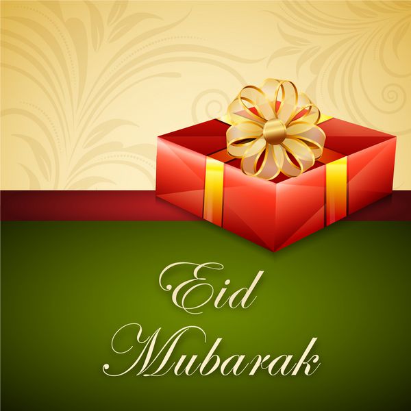 پس زمینه جشنواره جامعه مسلمانان عید مبارک با جعبه هدیه قرمز پیچیده شده در روبان طلایی
