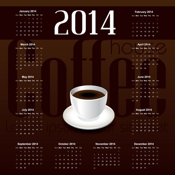 الگوی قدیمی برای تقویم 2014 با یک فنجان قهوه