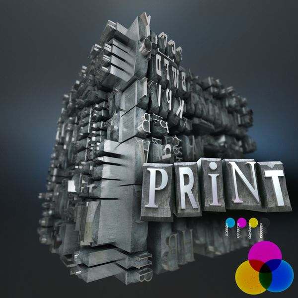تصویر انتزاعی با بلوکی از حروف چاپ فلزی با کلمه چاپ و رنگ‌های اصلی RGB