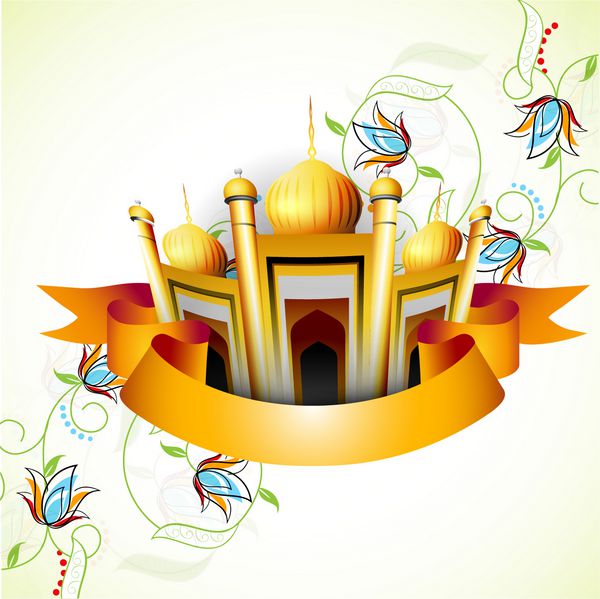 پس زمینه جشنواره جامعه مسلمانان عید مبارک با مسجد طلایی و روبان روی زمینه تزئین شده با گل