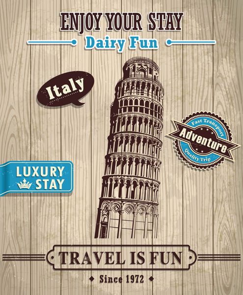 پوستر تعطیلات مسافرتی قدیمی برج کج پیزا ایتالیا