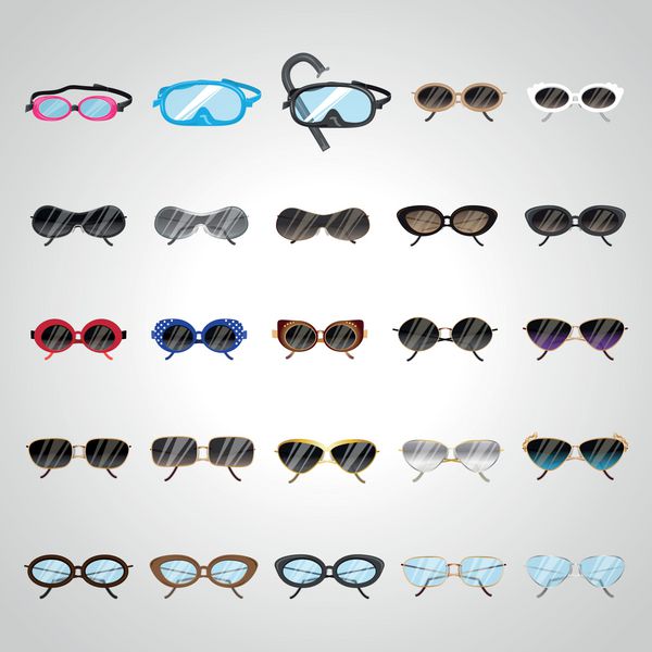 مجموعه آیکون عینک عینک آفتابی و عینک غواصی - جدا شده در پس زمینه خاکستری - وکتور طرح گرافیکی قابل ویرایش برای طرح شما نمادهای لوگو
