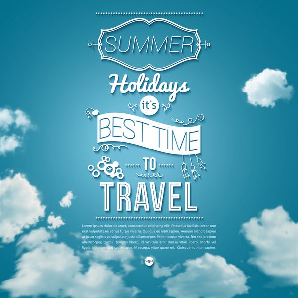 پوستر تعطیلات تابستانی به سبک کاغذ بریده پس زمینه روز آفتابی با ابرها پوستر توریستی وکتور