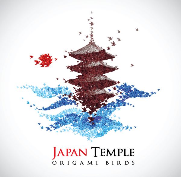 هنر کاغذ اوریگامی ژاپن - قلعه شکل گرفته از پرندگان کاغذی در حال پرواز - وکتور