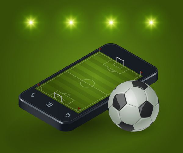 تلفن هوشمند مدرن با یک زمین فوتبال روی صفحه و چراغ های اطراف