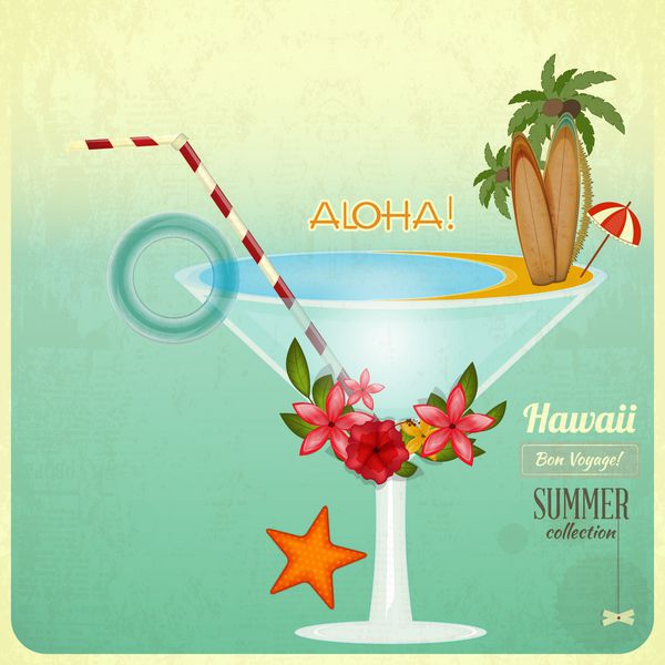 کارت تابستانی به سبک قدیمی مفهوم استراحت - کوکتل و اقلام هاوایی وکتور