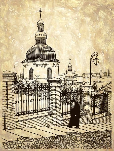 طراحی دیجیتال منظره ساختمان تاریخی کلیسای اوکراینی با راهب