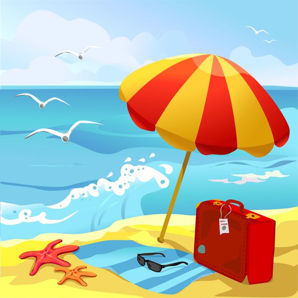 ساحل با چتر آفتاب و چمدان وکتور