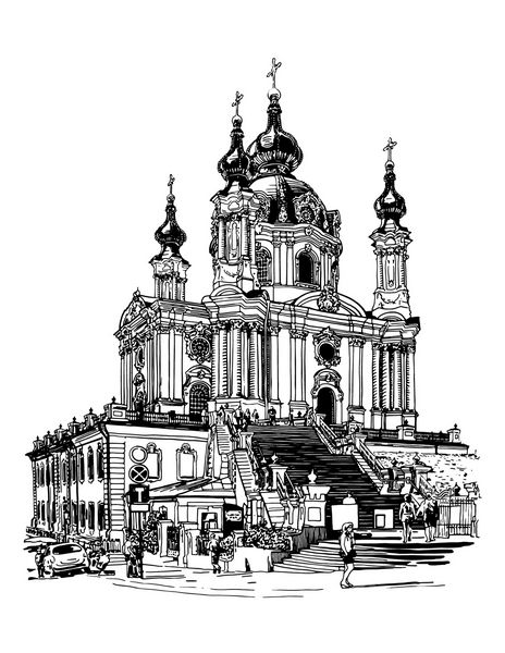 طراحی دیجیتال سیاه و سفید اصلی کلیسای ارتدکس سنت اندرو توسط Rastrelli در کیف کیف اوکراین سبک حکاکی