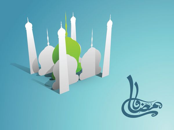رسم الخط اسلامی عربی متن رمضان کریم با نمای خلاقانه مسجد در زمینه آبی انتزاعی