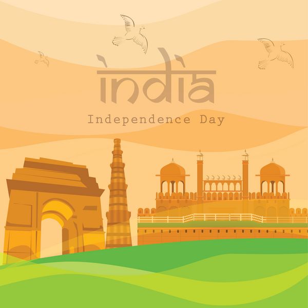پس‌زمینه روز استقلال هند با بناهای معروف دروازه هند کوتوبمینار و قلعه سرخ
