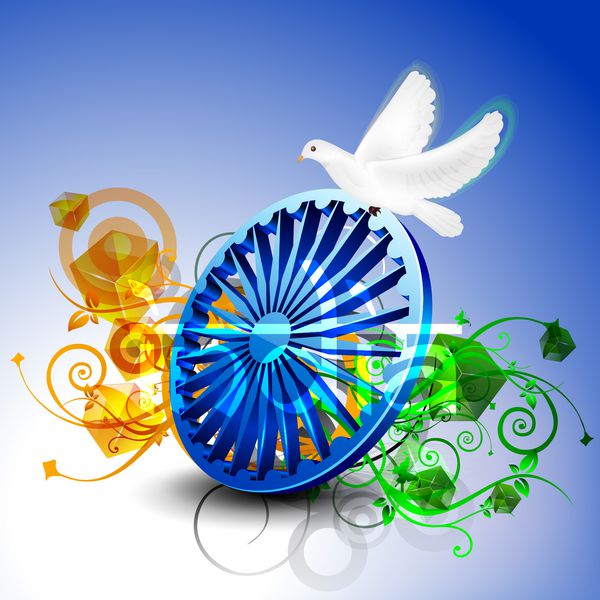 مفهوم خلاقانه روز استقلال هند با چرخ آشکا سه بعدی کبوتر در پس زمینه انتزاعی رنگارنگ