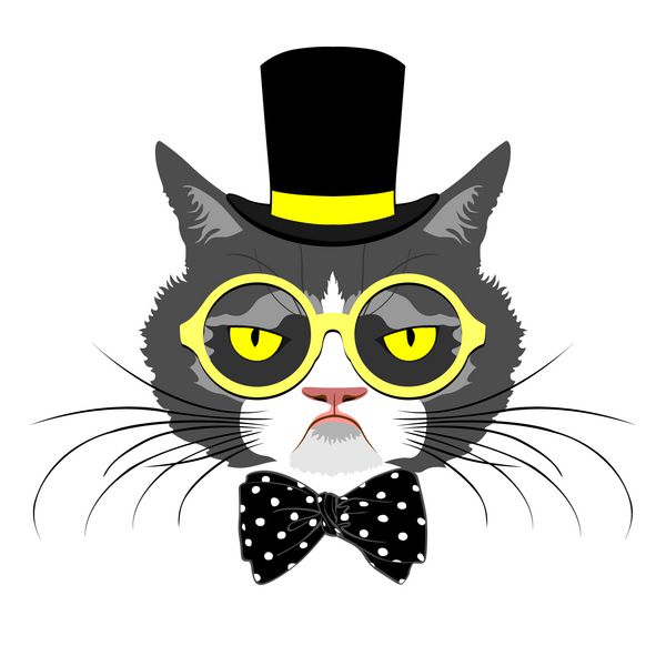 وکتور حیوان پرتره گربه با کلاه بلند با پاپیون خال خالی و عینک زرد گرد ظاهر قدیمی گربه به سبک رترو لباس