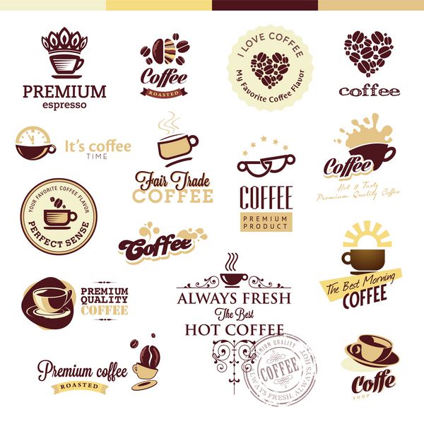 مجموعه ای از نمادها و نشان ها برای قهوه