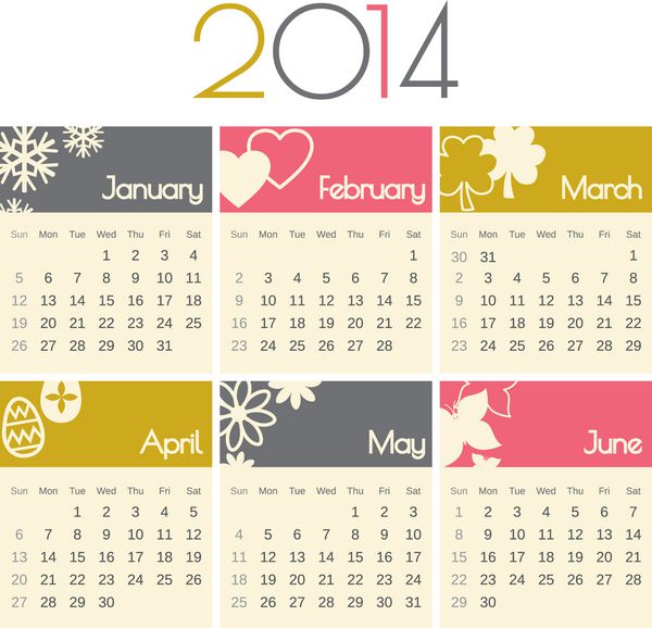 طراحی مینیمالیستی برای تقویم 2014 ژانویه تا ژوئن