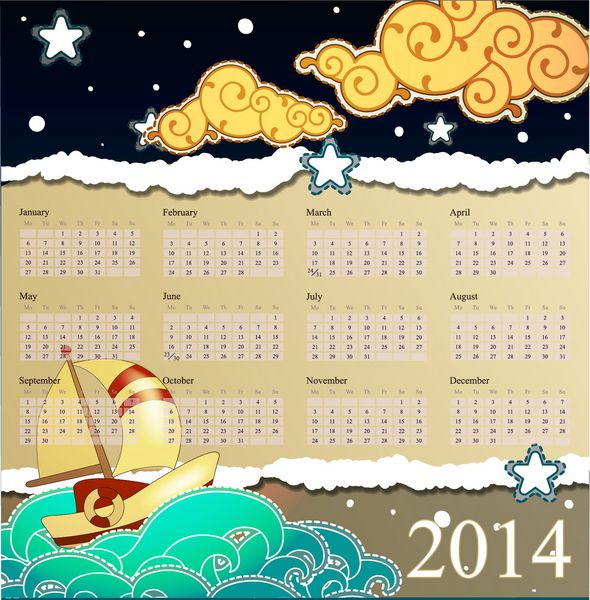 تقویم 2014 کشتی به سبک کارتونی در حال قایقرانی در شب