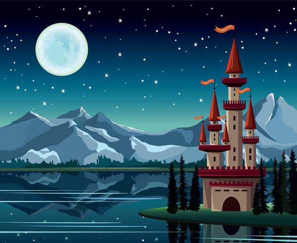 شب پر ستاره با ماه کامل قلعه قرمز و دریاچه در پس زمینه کوه
