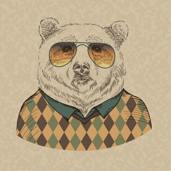 وکتور از پرتره خرس در عینک آفتابی و پیراهن کش ورزش سبک رترو ظاهر هیپستر