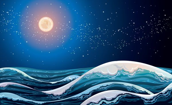 دریای شب با امواج در آسمان پرستاره با ماه کامل