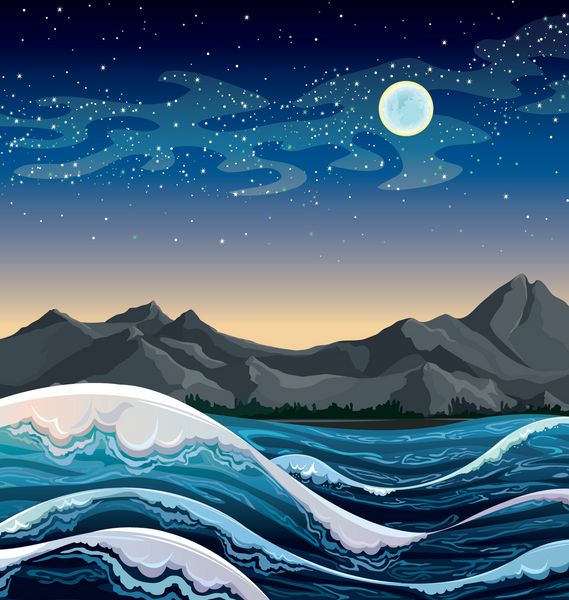 دریای شب با امواج و کوه در آسمان پرستاره با ماه کامل