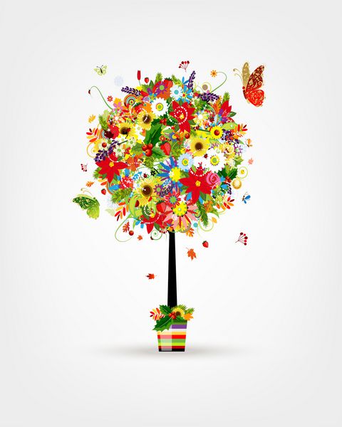مفهوم چهار فصل درخت هنر در گلدان برای طراحی شما