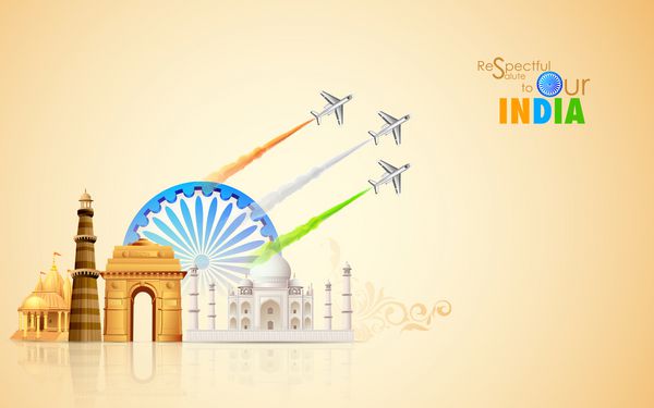 تصویری از هواپیما که پرچم هند را در پس زمینه بنای تاریخی می سازد