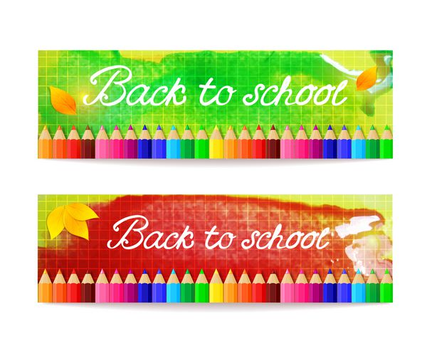 دو بنر آکواریل رنگارنگ بازگشت به مدرسه با مداد و برگ های پاییزی وکتور آبرنگ با دست برای طراحی مدرن شما