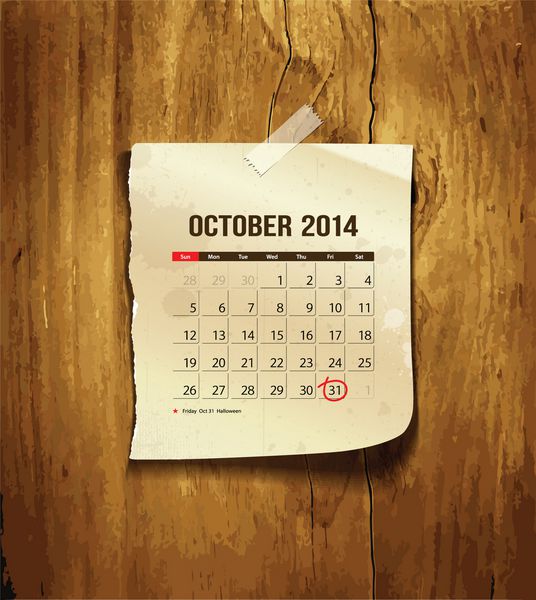 تقویم اکتبر 2014 کاغذ قدیمی در زمینه چوب وکتور