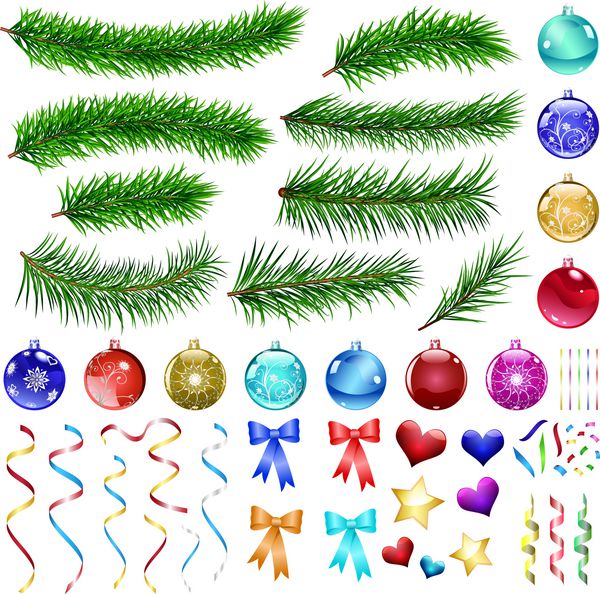 مجموعه ای از عناصر طراحی کریسمس شاخه های کاج توپ روبان و تزئینات