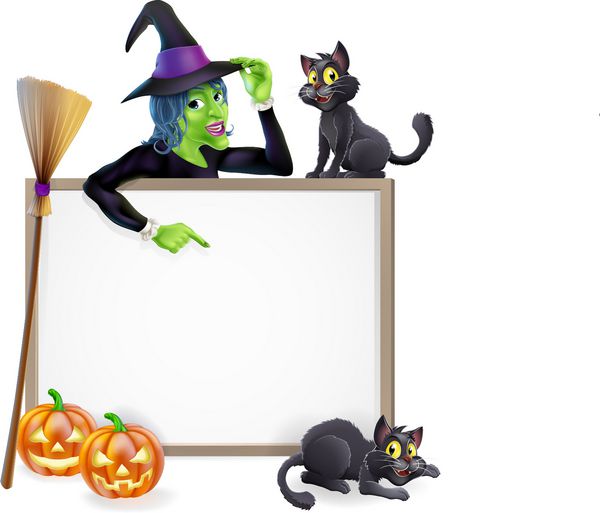تابلو یا بنر هالووین با کدو تنبل نارنجی هالووین و گربه های جادوگر سیاه چوب جارو جادوگر و شخصیت جادوگر کارتونی