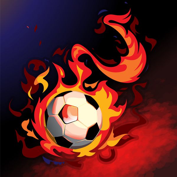 توپ داغ فوتبال با سرعت در شعله آتش نماد شعله ور روشن در پس زمینه سیاه