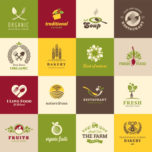 مجموعه ای از نمادها برای غذا و نوشیدنی رستوران ها و محصولات ارگانیک