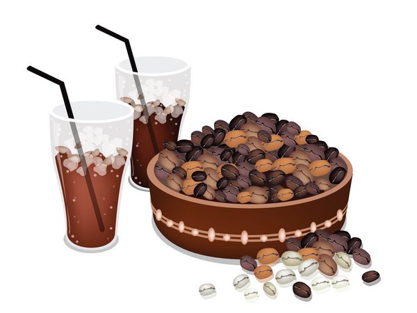 زمان قهوه تصویری از دانه های قهوه برشته شده مختلف در یک سطل چوبی با یک لیوان قهوه سرد