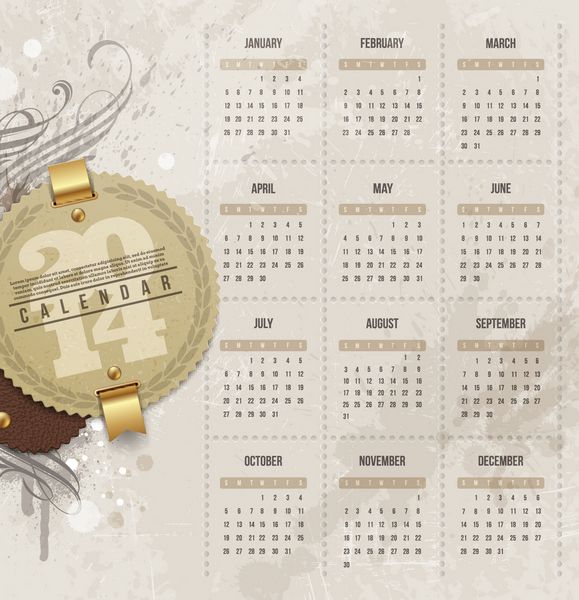 قالب طرح وکتور - تقویم سال 2014 با برچسب های قدیمی و عناصر گرانج