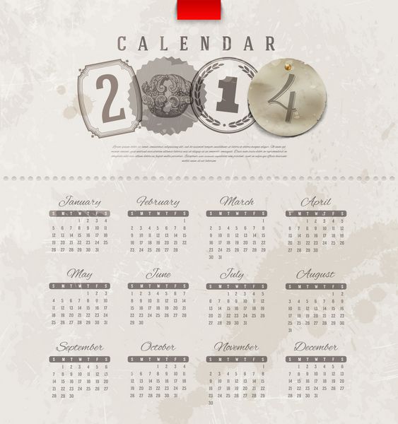 طرح وکتور قالب - تقویم قدیمی گرانج 2014 با عناصر حروف تزئینی