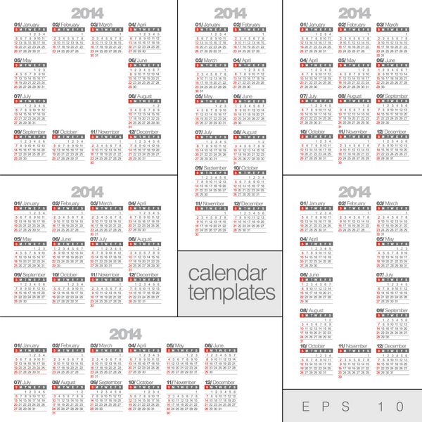 2014 تنظیم تقویم های مدرن طراحی در دو سه چهار و شش ستون