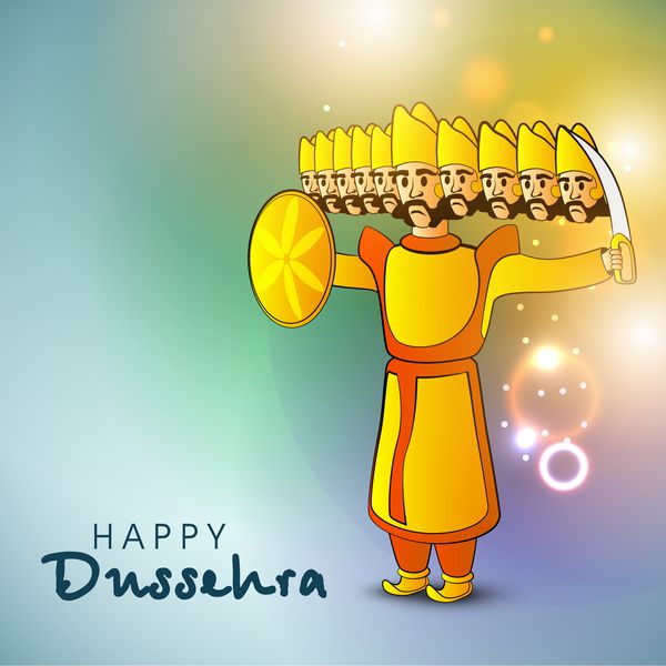 جشنواره هندی Happy Dussehra پس زمینه براق با تصویر راوانا با ده سرش