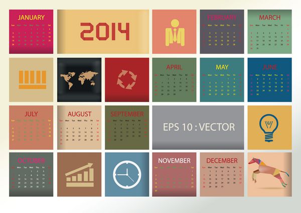 تقویم وکتوری ساده 2014 با جعبه مربع رنگارنگ و نماد تجاری وکتور
