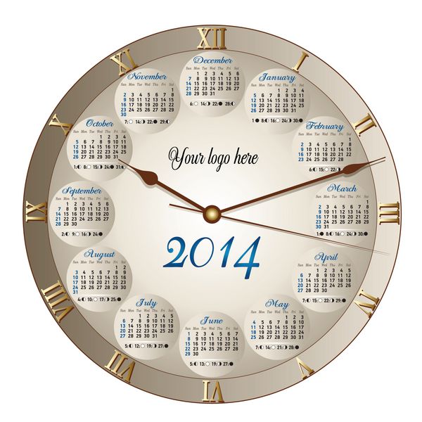 یک تقویم کلاسیک به شکل ساعت گرد برای سال 2014 شامل فازهای ماه