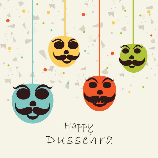 جشنواره هندی مفهوم Happy Dussehra با ماسک آویزان در پس زمینه جشن