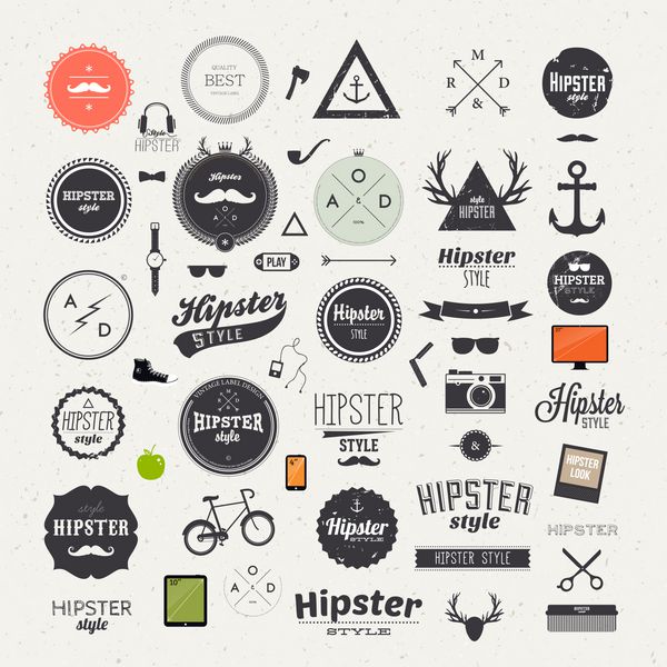 عناصر و نمادهای اینفوگرافیک سبک هیپستر برای طراحی رترو با دوچرخه گوشی عینک آفتابی سبیل پاپیون لنگر سیب و دوربین وکتور